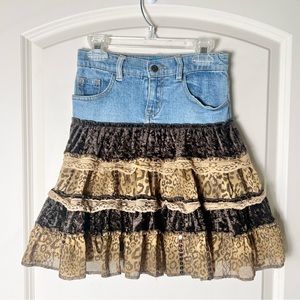 Girls denim skirt with 4 ruffle tiers of lace and velvet Y2K style